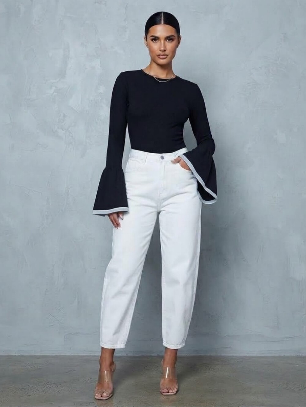 ZARA TRAFALUC Black Ribbed Knit Long Bell Sleeve Top with White Hem Trim Size S